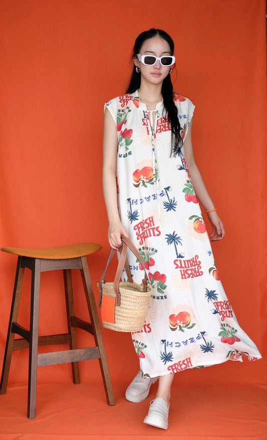 Vestito in Lino Midi Senza Maniche con Stampa Frutta – Vestito in Lino Fresco e alla Moda per l’Estate - Dolce Follia