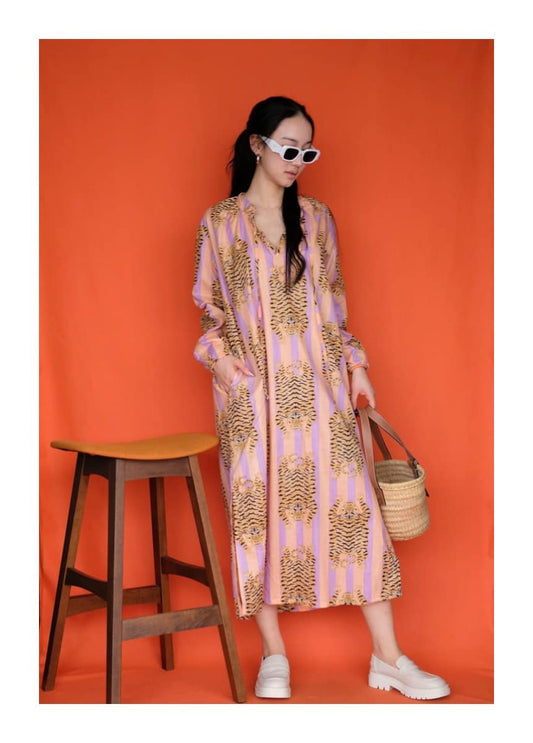 Vestito in Cotone Midi a Maniche Lunghe con Stampa Tigre – Vestito in Cotone Elegante e Confortevole - Dolce Follia