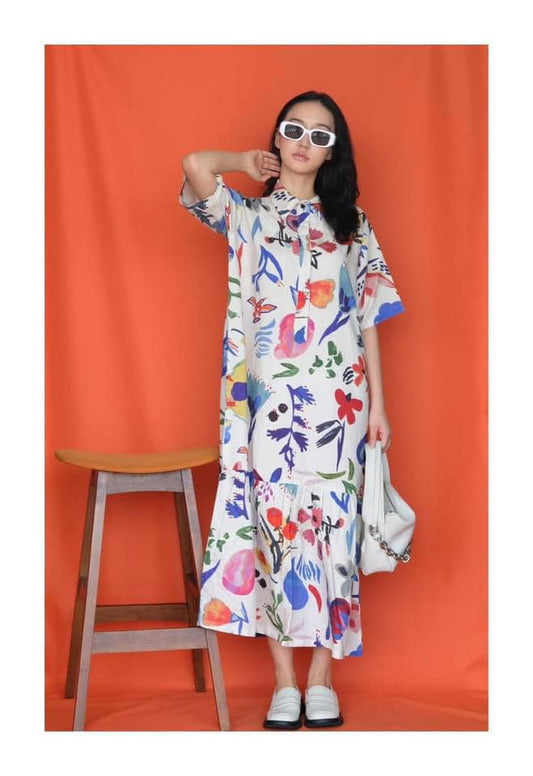 Vestito in Lino chemisier a Maniche Corte con Stampa Floreale – Elegante e Traspirante per l’Estate - Dolce Follia
