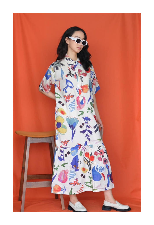 Vestito in Lino chemisier a Maniche Corte con Stampa Floreale – Elegante e Traspirante per l’Estate - Dolce Follia